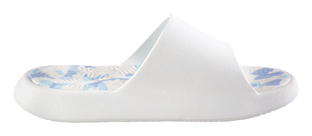 Unisex recovery slides with white textured upper and blue patterned footbed insets