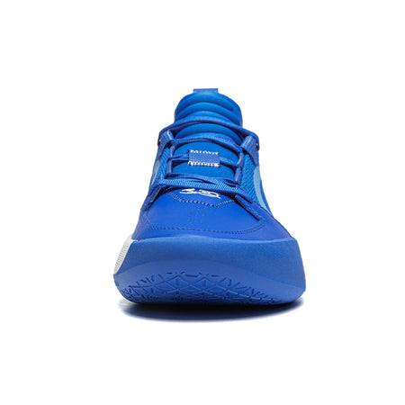 Men's basketball shoe bright blue; side front view with lace-up closure and thick sole