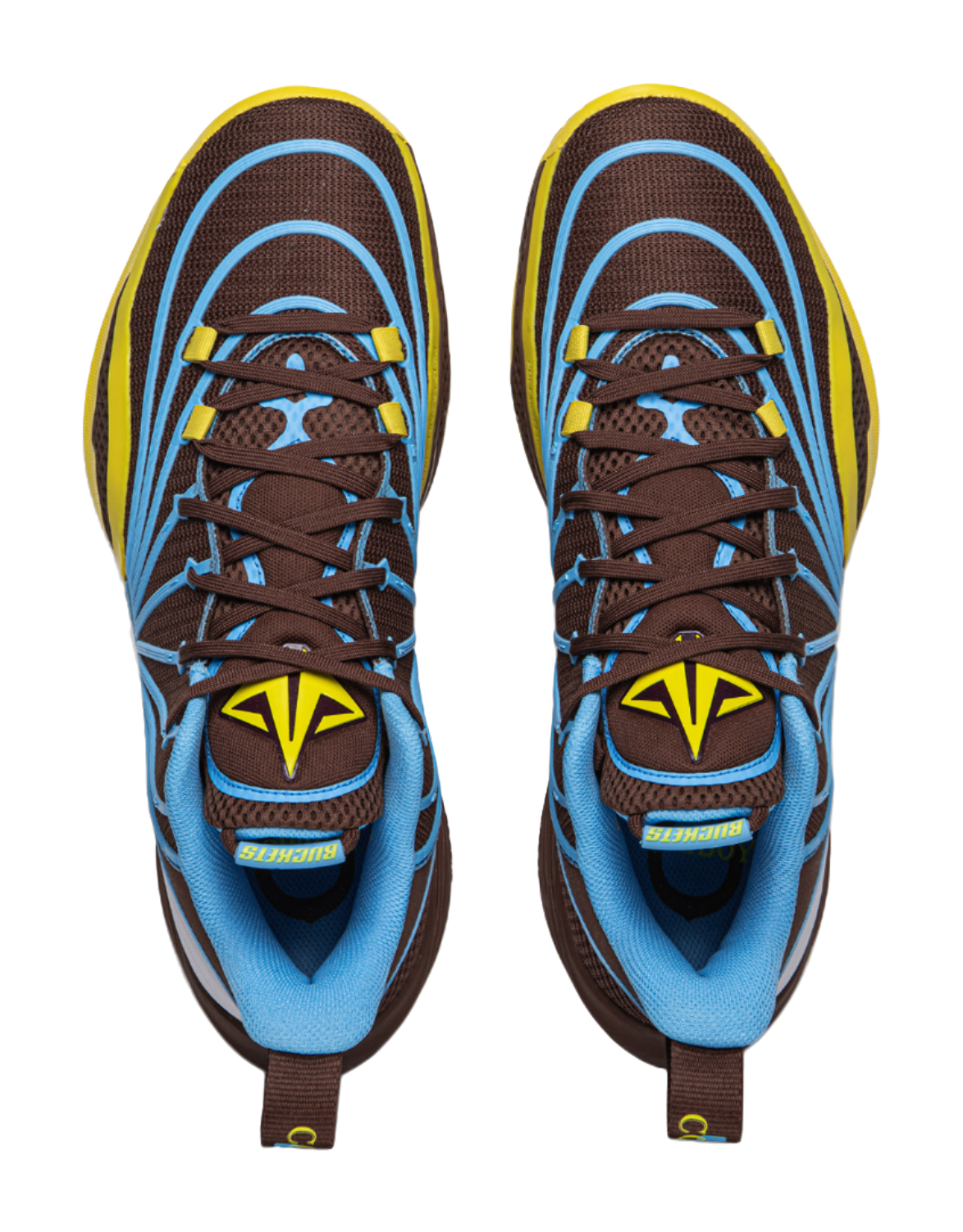 Pair of basketball shoes, brown uppers with blue lining and yellow logos.