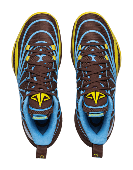 Pair of basketball shoes, brown uppers with blue lining and yellow logos.