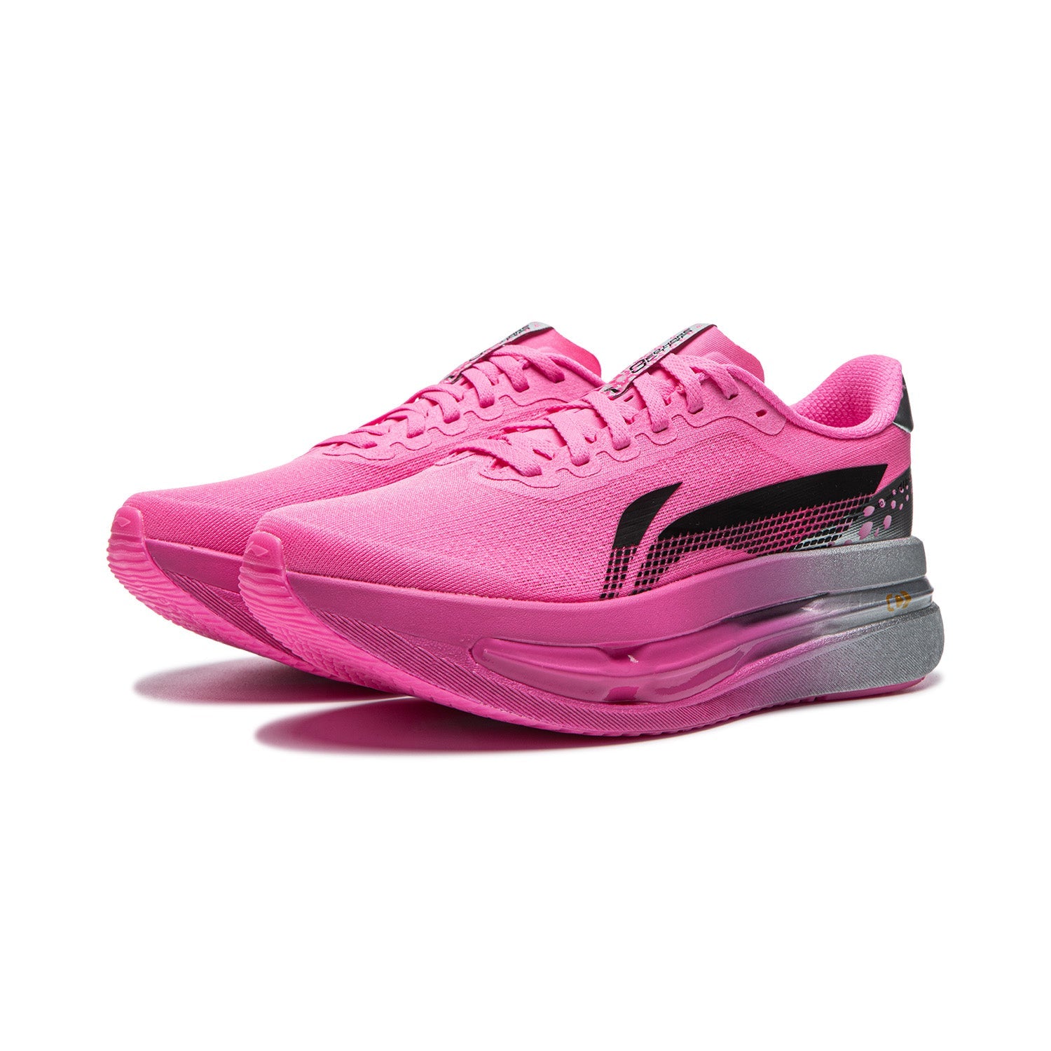 Women's pink running shoe, lace-up knit upper, black side graphic, thick gray midsole