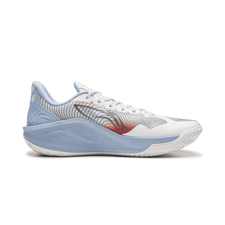 Men's basketball shoe, white knit upper with light blue panels and red forefoot stripe.