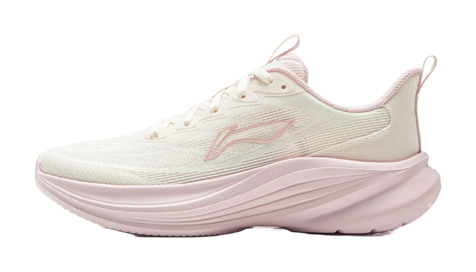 Lightweight running shoe, white with pink accents and sculpted foam sole