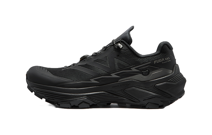 Mens trail running shoe, black mesh upper with layered side panels and black outsole