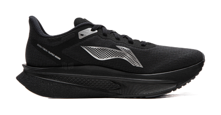Li-Ning Feidian 6 running shoe, black upper with white side logo, thick cushioned sole.