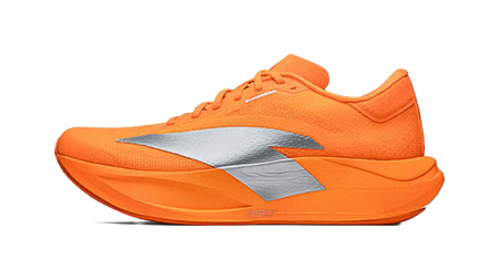 Orange running shoes with blue side stripe and lace-up upper, padded collar.