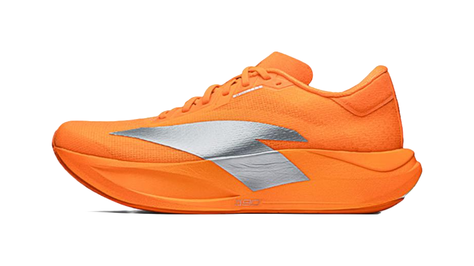 Orange running shoes with blue side stripe and lace-up upper, padded collar.