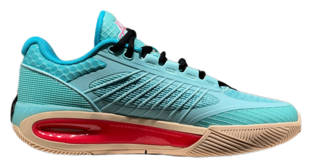 Turquoise low-top basketball shoe side view with black laces and red sole