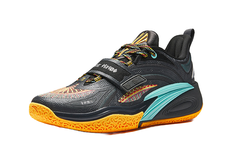 Black basketball shoe with teal accent stripe and orange textured outsole