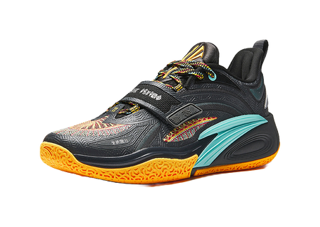 Black basketball shoe with teal accent stripe and orange textured outsole