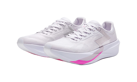 Pair of low running shoes with white uppers and pink side stripes