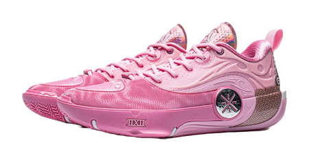 Pink basketball sneaker, front side view with circular emblem and lace-up