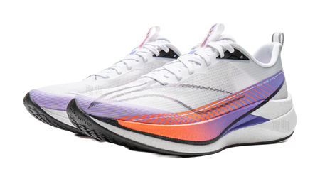 Pair of white running shoes with purple overlays and orange-blue wave graphics