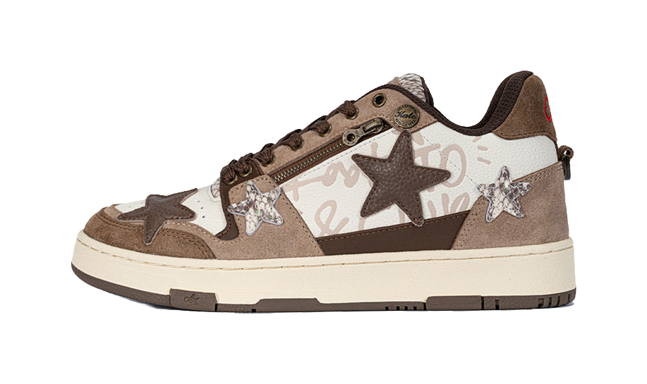 KAALIXTO Retro Vintage Stars Shoes Top Grain Cow Leather Abrasion Resistant Low top Skateboard Shoes Unisex Brown White