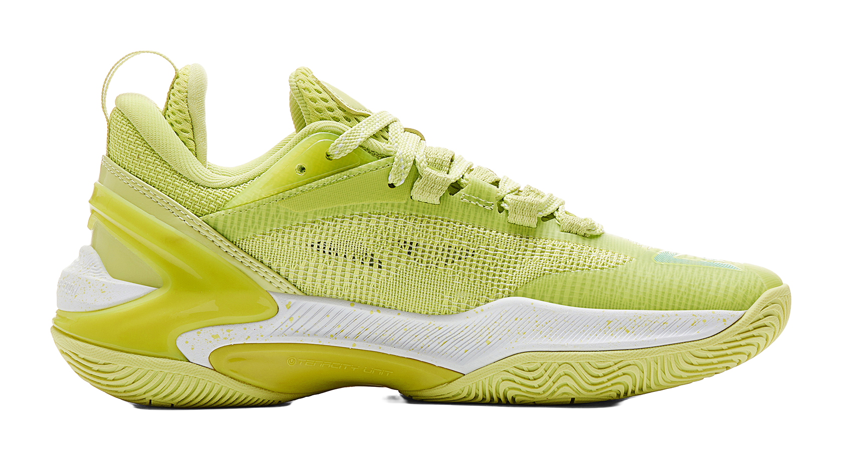Light acid green basketball shoe side view with lace-up, white midsole and wing logo