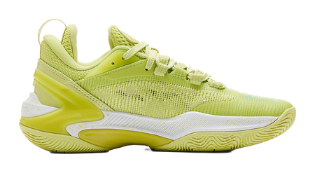 Light acid green basketball shoe side view with lace-up, white midsole and wing logo