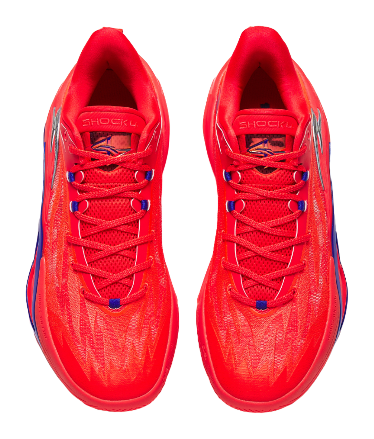 Red basketball shoes, front and tongue view, blue lace accents and cushioned collar