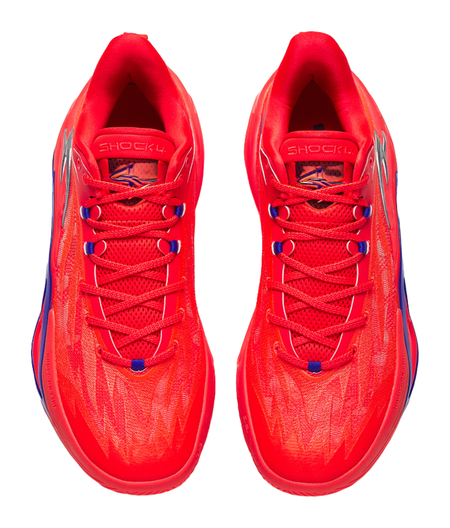 Red basketball shoes, front and tongue view, blue lace accents and cushioned collar