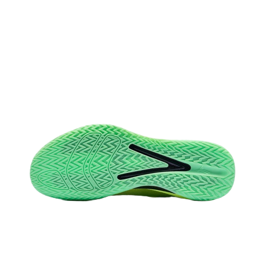 Lime green basketball shoe outsole with textured zigzag tread and black heel mark