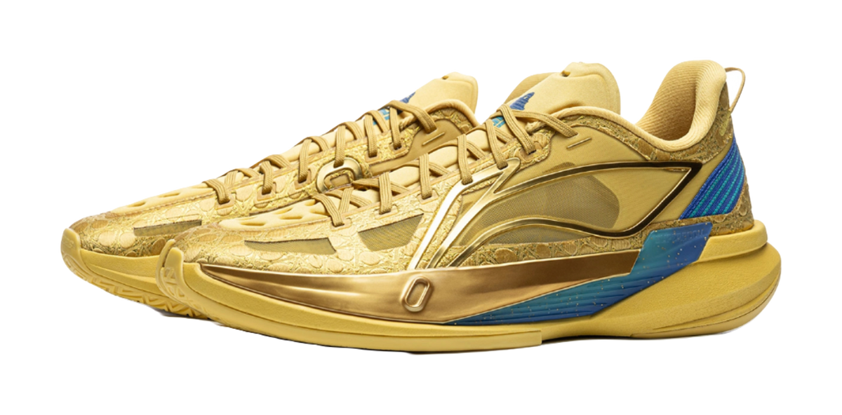 Men's low-top basketball shoes, bright gold with blue side panel and metallic logo