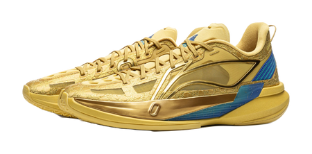 Men's low-top basketball shoes, bright gold with blue side panel and metallic logo