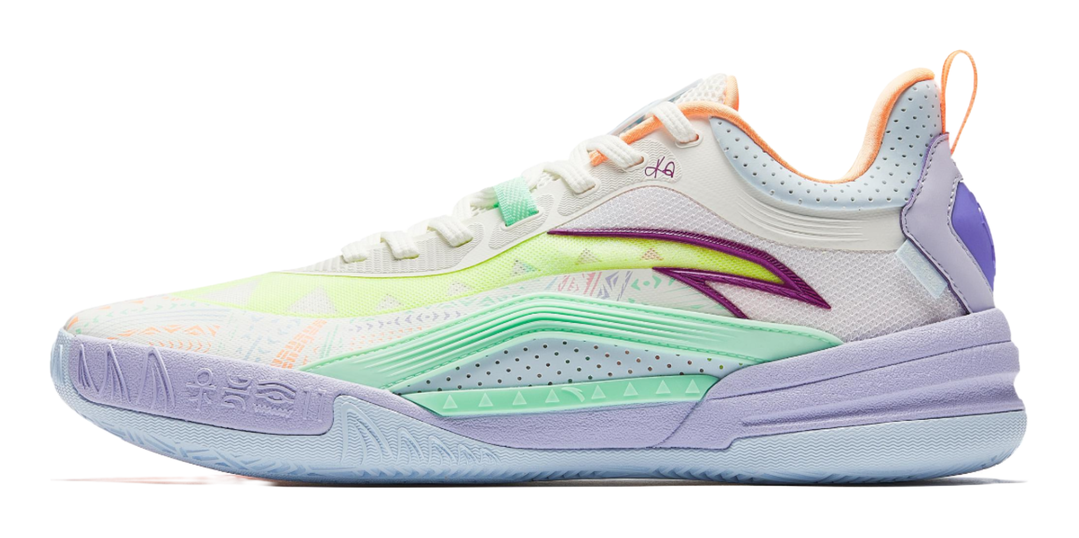Low-top basketball shoe, white knit upper with green and purple accents, orange heel pull