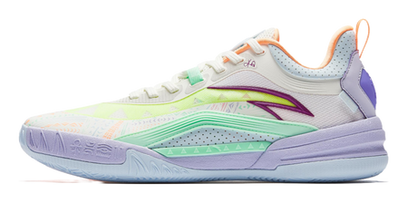 Low-top basketball shoe, white knit upper with green and purple accents, orange heel pull