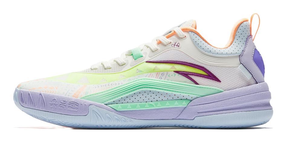 Low-top basketball shoe, white knit upper with green and purple accents, orange heel pull