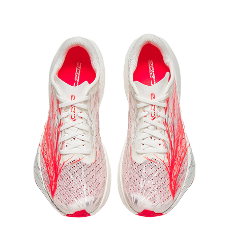 White/red lace-up running shoes, textured knit upper with red heel lining.