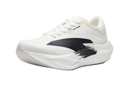 Women’s low-top running shoes, white with black logo and speckled graphic