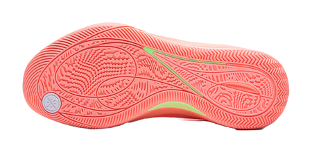 Men's low-top basketball shoes outsole, pink-orange with textured grip and green accent