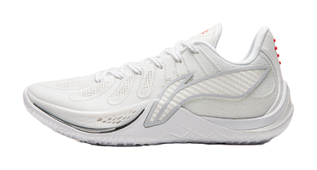 White mesh basketball shoe with lace-up, Li-Ning side logo, cushioned midsole.