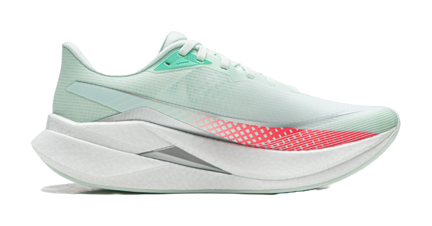 Mint running shoe with side stripe, red forefoot graphic, and cushioned white sole