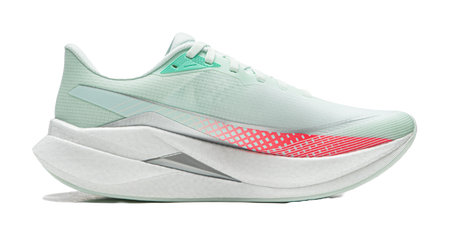 Mint running shoe with side stripe, red forefoot graphic, and cushioned white sole