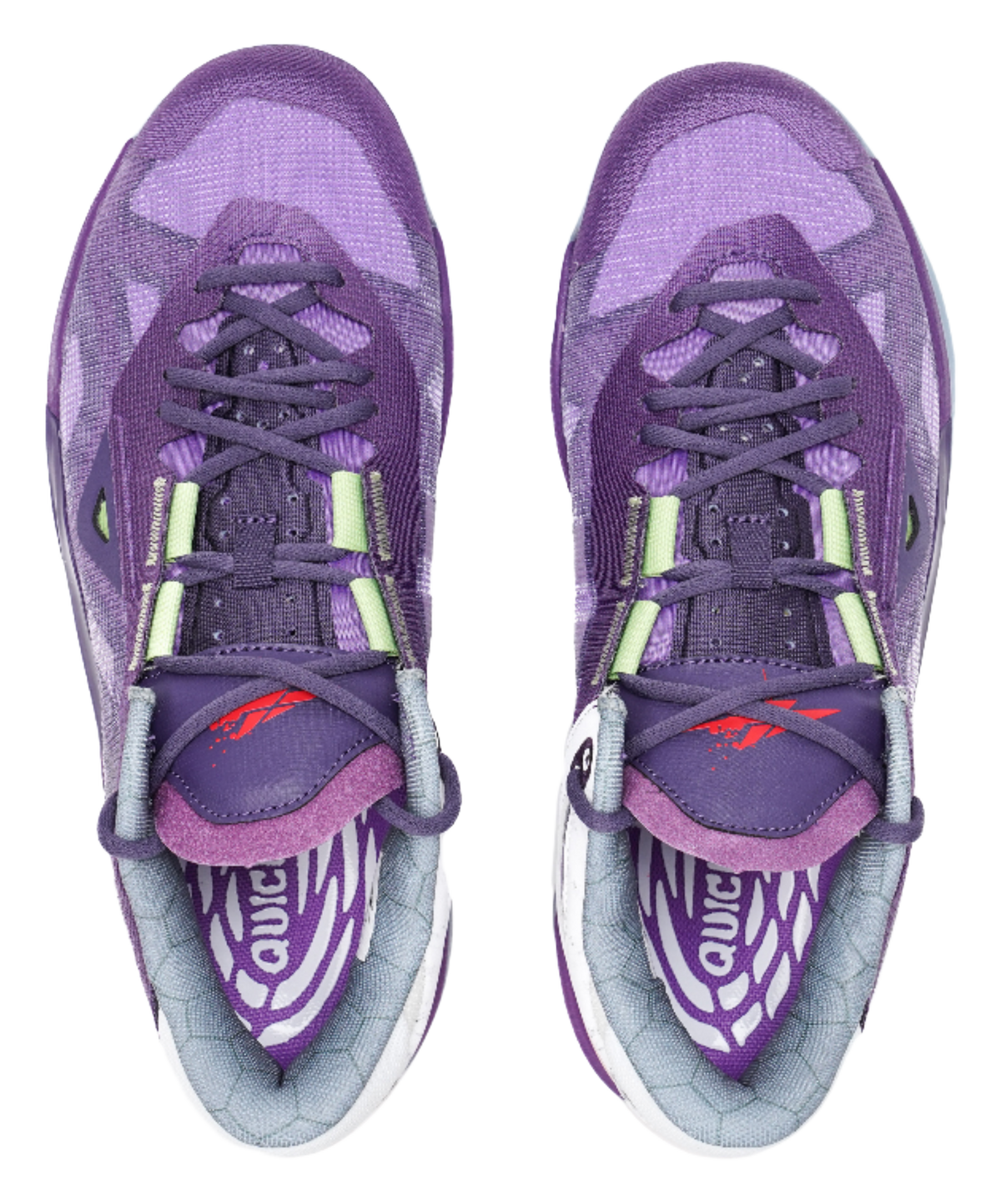 Purple basketball shoes front view with neon-green lace accents and purple tongue logo
