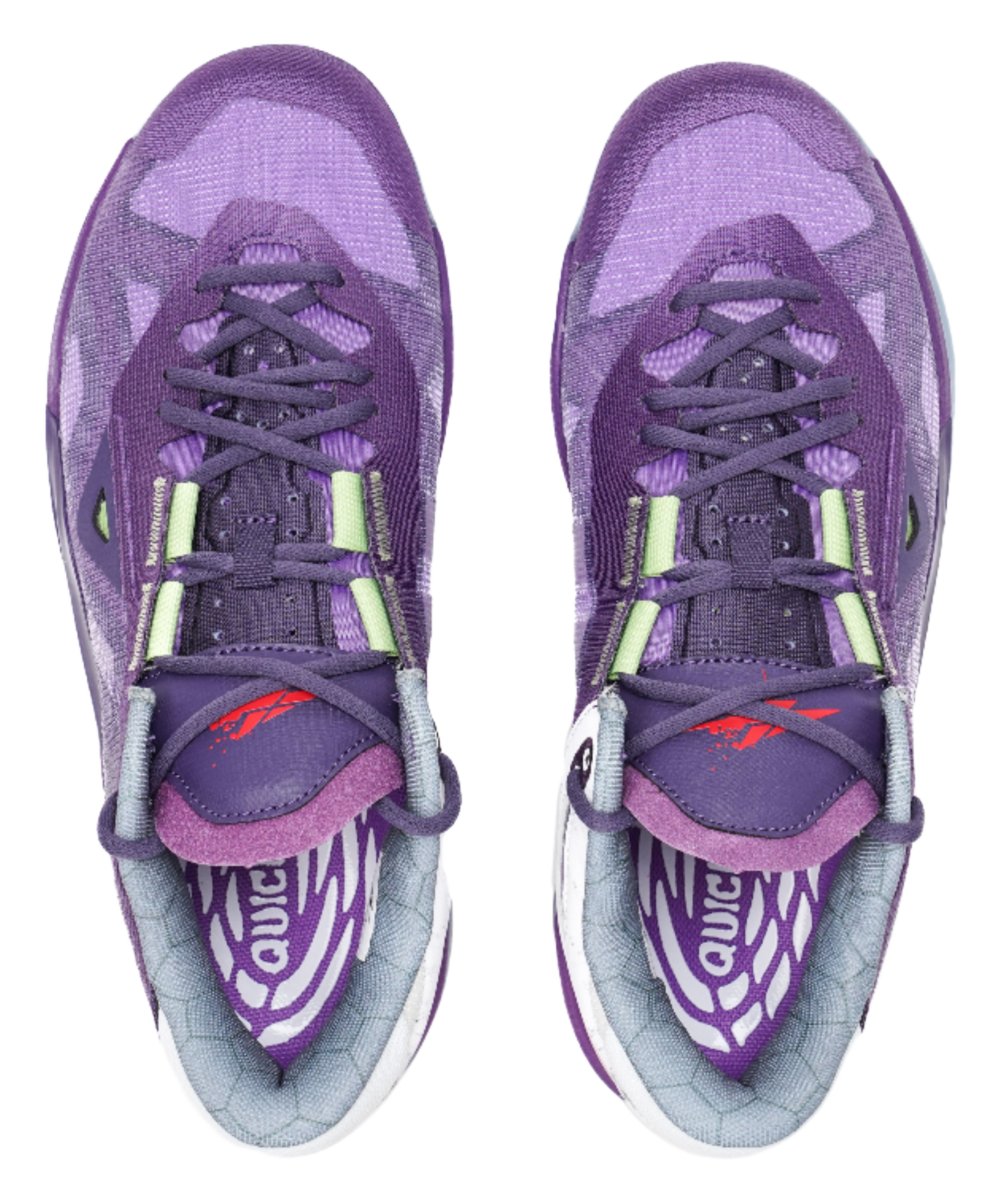 Purple basketball shoes front view with neon-green lace accents and purple tongue logo