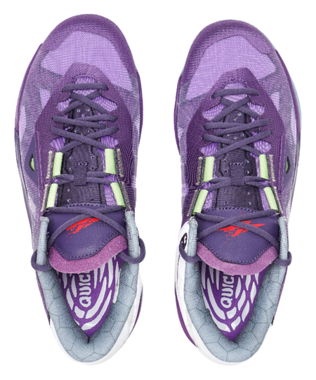 Purple basketball shoes front view with neon-green lace accents and purple tongue logo