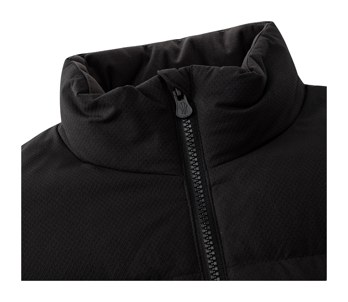 Black quilted puffer jacket collar with front zipper