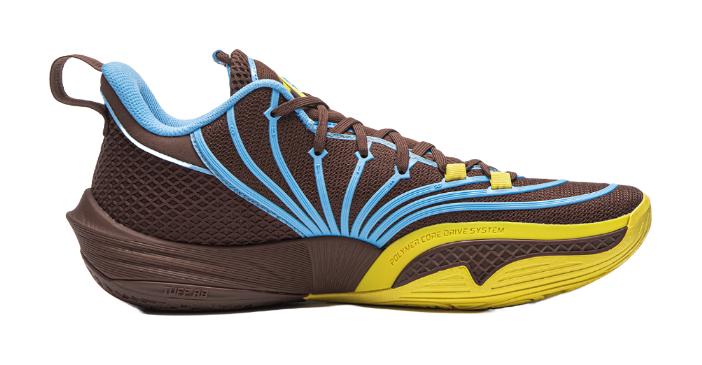 Brown basketball shoe with blue detailing and textured outsole with yellow edge.