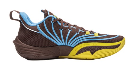Brown basketball shoe with blue detailing and textured outsole with yellow edge.