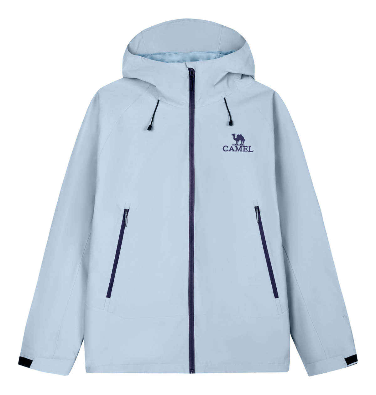 Light blue unisex windbreaker jacket with hood, full zip, and two zippered front pockets