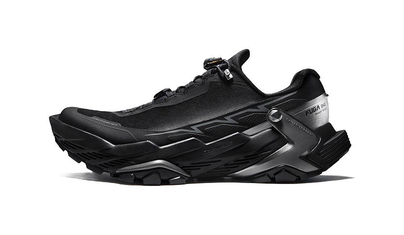 Men's running shoes in black with gray patterning, lace-up