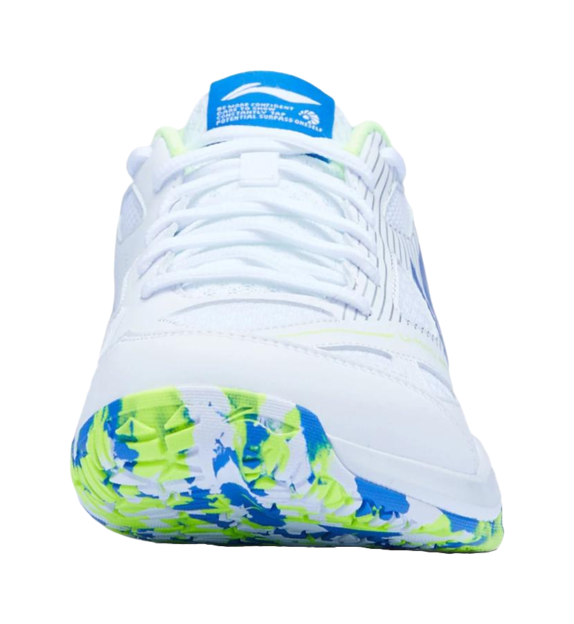 White badminton shoe with blue-green patterned outsole and blue heel label