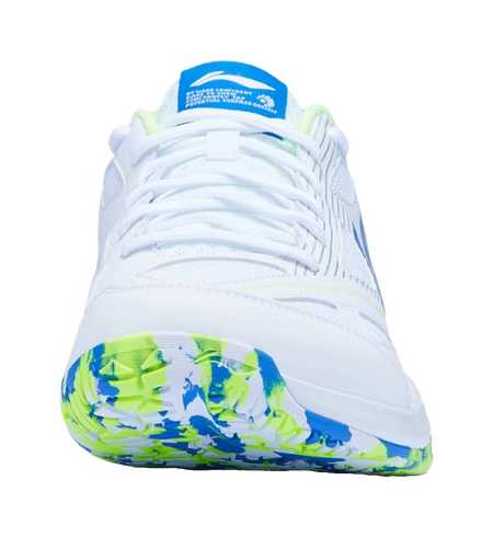 White badminton shoe with blue-green patterned outsole and blue heel label