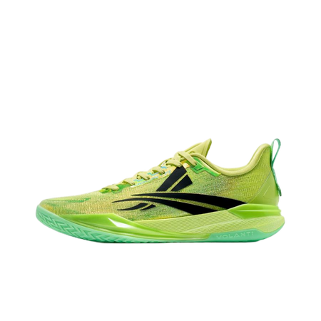 Lime green basketball shoes, front angle, lace-up mesh upper and black graphics
