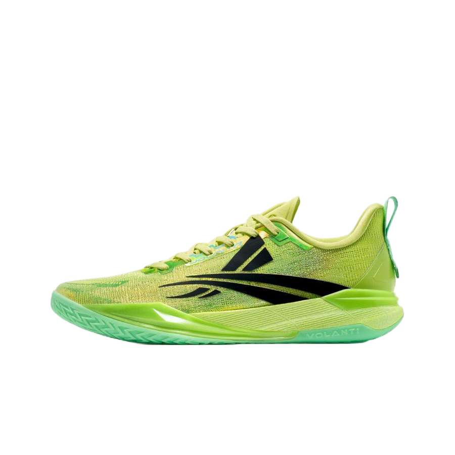 Lime green basketball shoes, front angle, lace-up mesh upper and black graphics