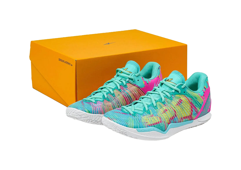 Low-top basketball shoes, teal laces, multicolor knit upper, in orange gift box