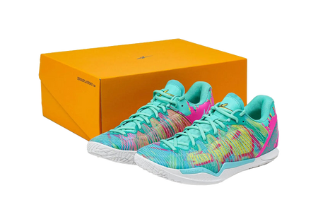 Low-top basketball shoes, teal laces, multicolor knit upper, in orange gift box