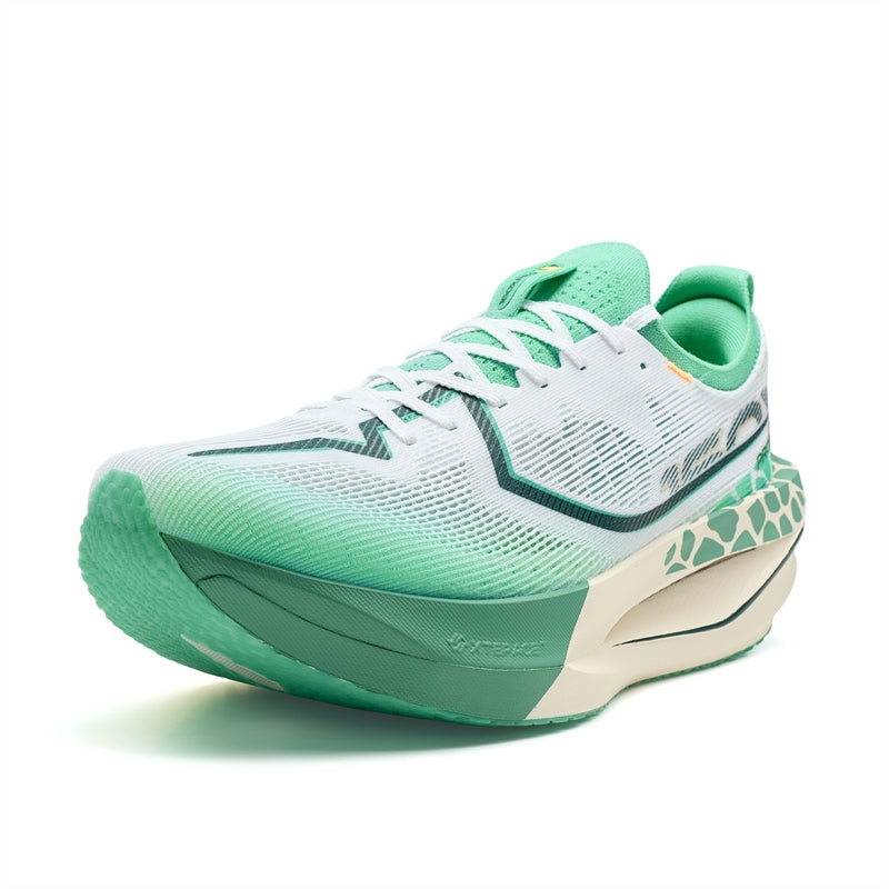 Men's running shoes in white with green outsole and sidewall stripe accents