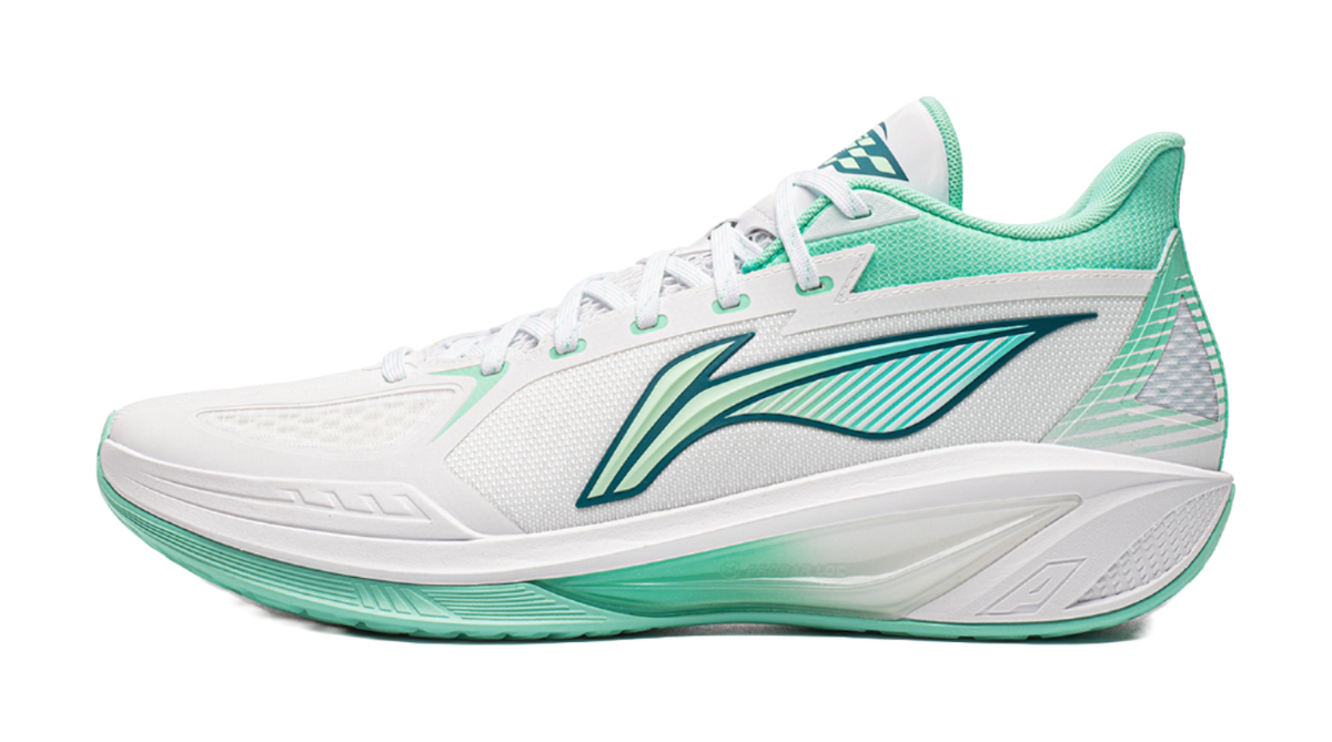 Low-top basketball shoes in white with fluorescent ice cyan trim and logo